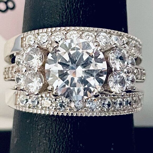 NWT Gorgeous .925 Size 8 Triple Sterling Silver Cubic Zirconia 3 in 1 Ring - Picture 3 of 12